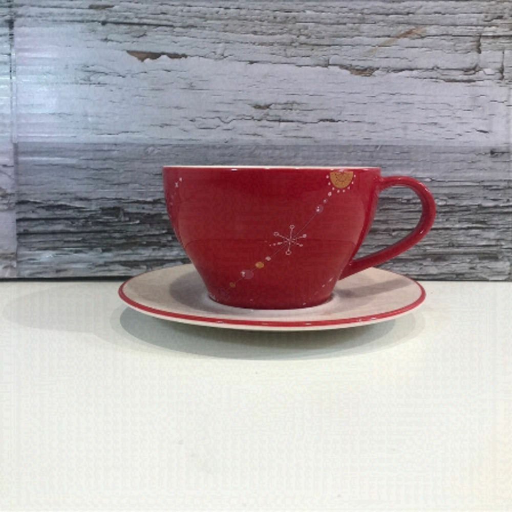 Starbucks 2006 Christmas Holiday Red & Gold Coffee Large  Cup and Saucer 12 oz